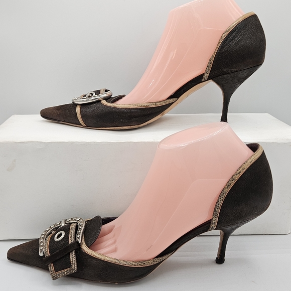 Prada Black & Gold Leather Buckle Pointed Toe High Heels size 39.5 / 9.5 - Picture 16 of 16